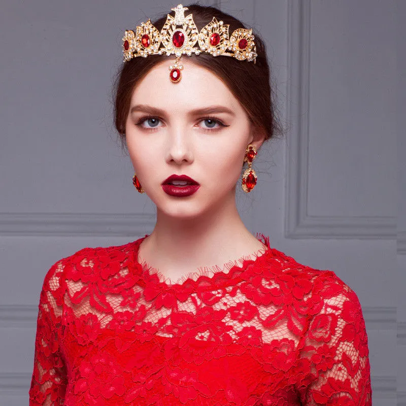 Vintage Wedding Bridal Crown Tiara Red Crystal Rhinestone Forehead Headband Indian Hair