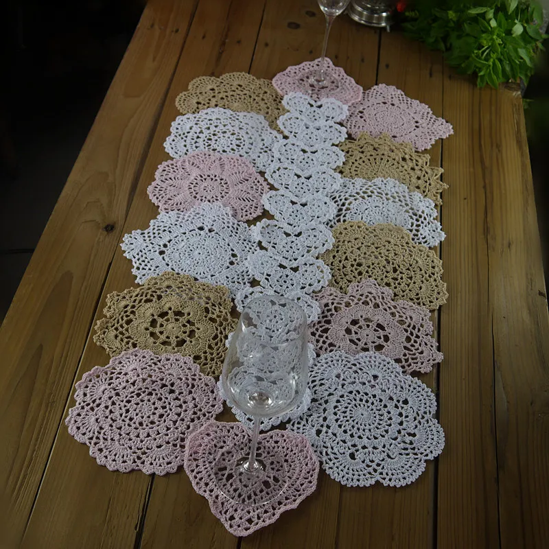 Lot of 24 pcs crocheted doilies, 4 Beige 14 White 6 Pink 4"-6"-7"-8"-9" , hand crochet tablecloth for Party Home Textile Table Napkin decor