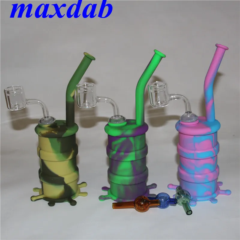 Pipe à eau en silicone Narguilé Bongs avec double tube quartz banger et bouchon en verre carb huile de silicone dab rig bulle