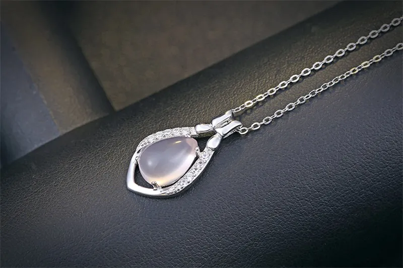 Yhamni Luxury Solid 925 Sterling Silver Pink Gem Crystal Pendant Necklace天然石水滴ネックレスDZ0565796782