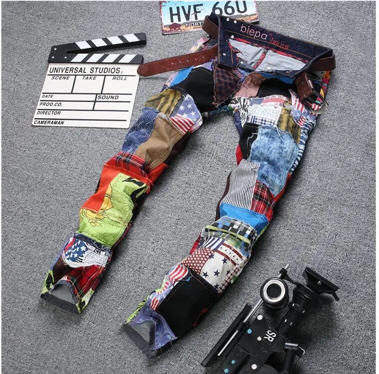 Mens Jeans Nieuwe Aankomst Persoonlijkheid Heren Patchwork Mode Beroemde Merk Kleding Mens Jeans Homme Ripped Gym Warme Mannen