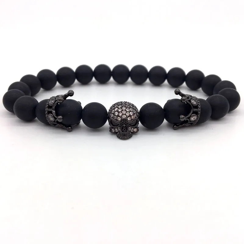 Fashion brand natural Beads Strand PULSERA Pave CZ skeleton cráneo black Agate stone , Piedra, ROCA Hombres de energ í a Europeo joyería Bud