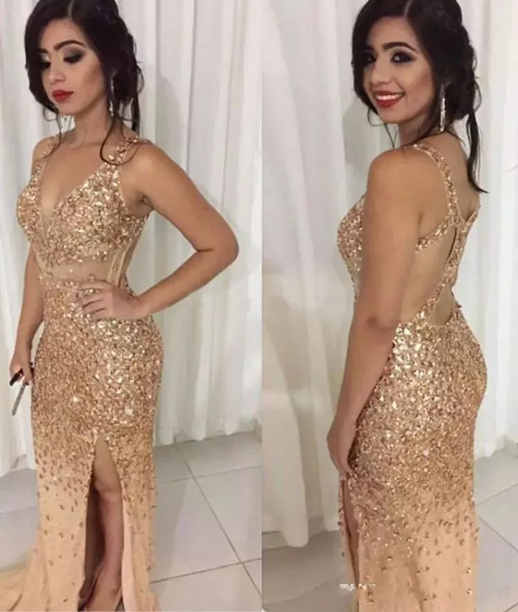 2017 Sexy Gold Crystal Mermaid Prom Dresses V Neck Sheer Straps Backless Tulle Split Sparkle Evening Gowns Luxury Pageant Dresses