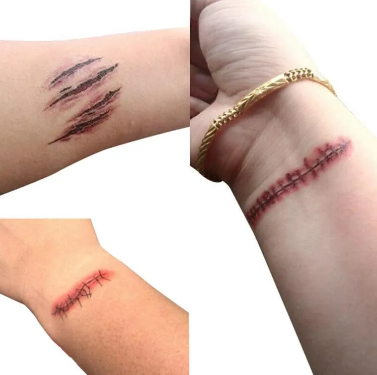 Hot Halloween Scratch Wound Scab Cicatriz Sangue Tatuagens Temporárias Etiqueta Do Tatuagem Cosplay Ferida Cicatrizes Zombie para Festa de Halloween
