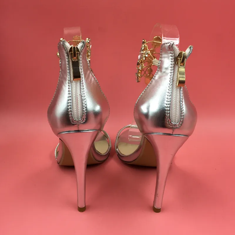 Riktigt foto rhinestones silver kvinnor sandaler med klara rhinestones stilettos höga klackar korsband bröllopsfest skor stor storlek