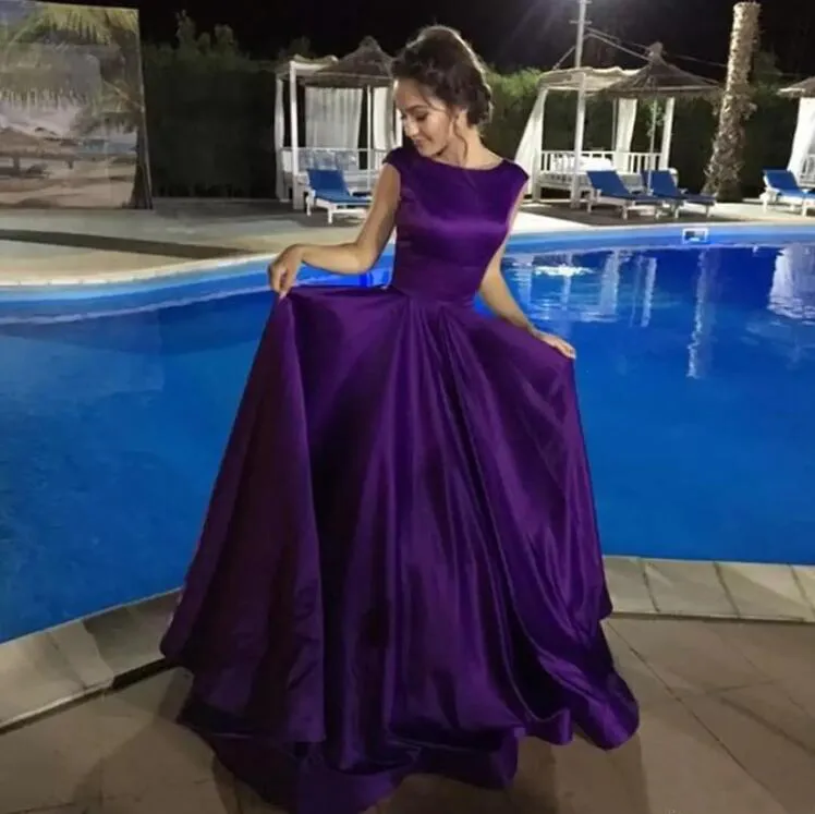 Modest 2017 Roxo De Seda Elástica Como Cetim Sem Costas Vestidos de Baile Longo Barato Bateau Ruched Formal Vestidos de Festa Vestidos de Noite EN11233