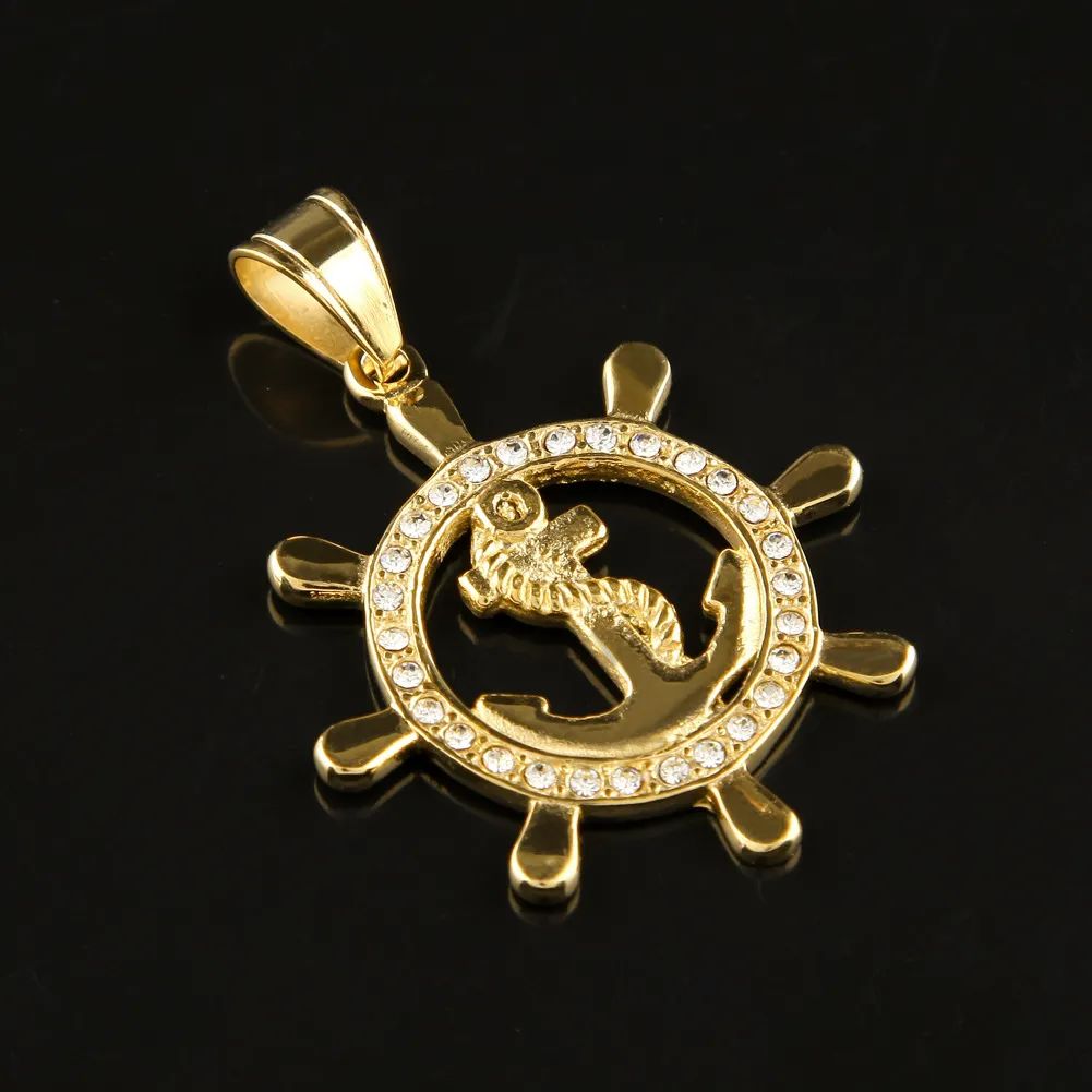 24K Gold Iced Out Bling Round Anchor Pendant Necklace for Men Women Hip Hop Jewelry Stainless Steel Cuban Chain
