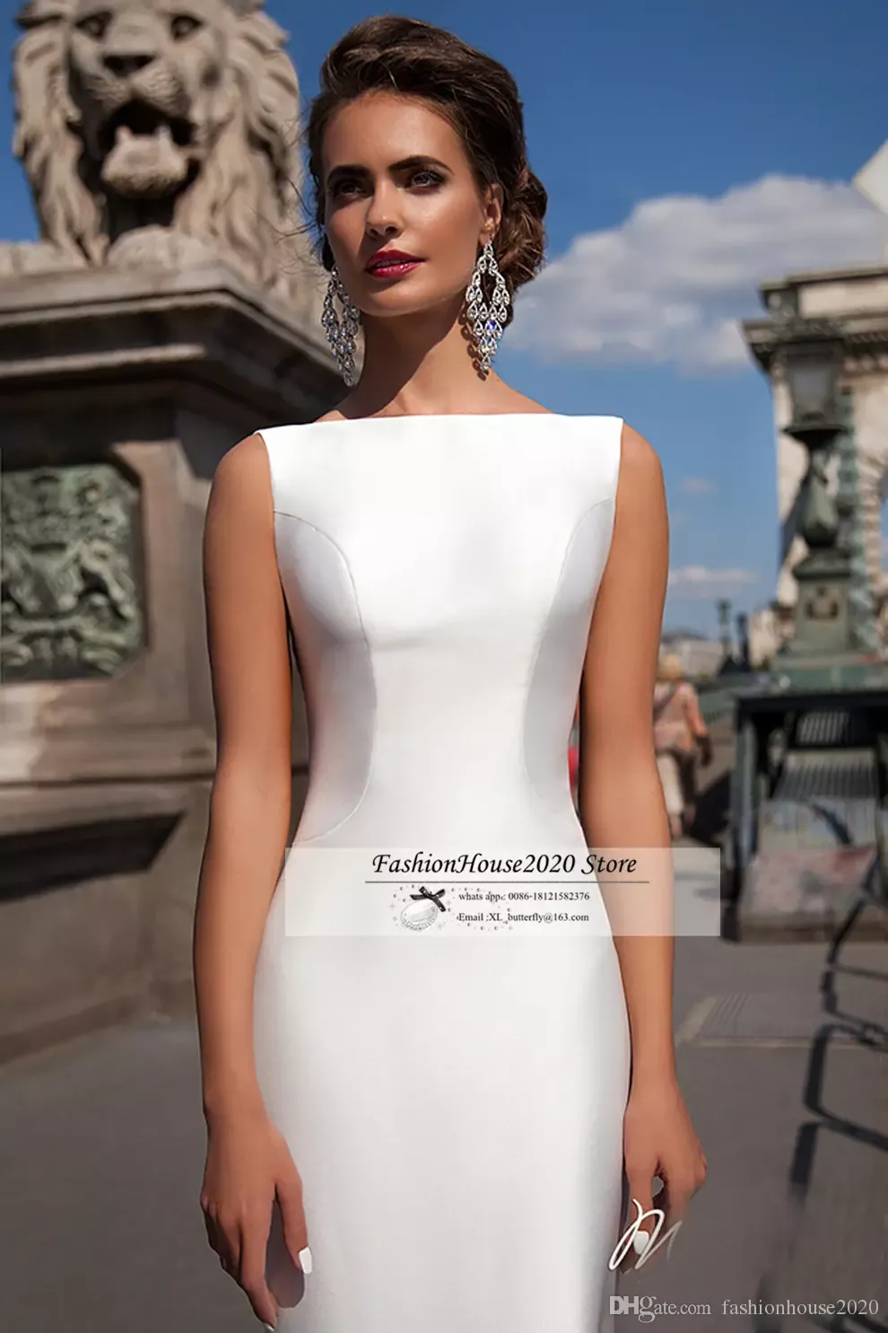 Eleganta sjöjungfru bröllopsklänningar 2019 Bateau Neck Backless Bride-kappor med avtagbar tåg Vestido de Novia Beach Bröllopsklänning Anpassad