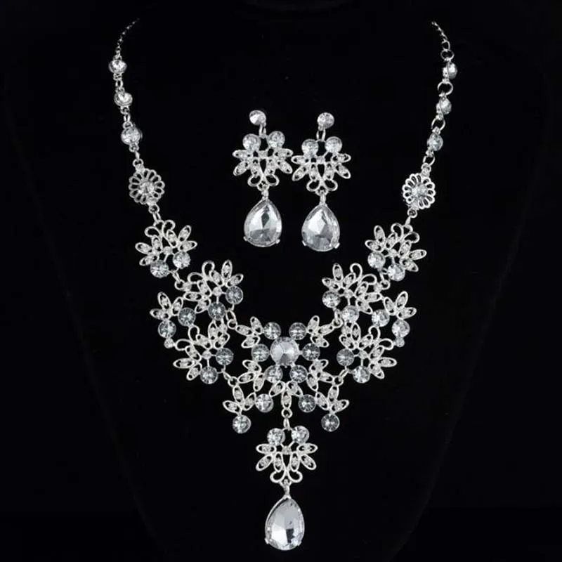 Ensemble de boucles d'oreilles et collier en cristal strass, goutte d'eau, ensemble de bijoux de mariée pour fête de mariage, accessoires de fête pour femmes et filles