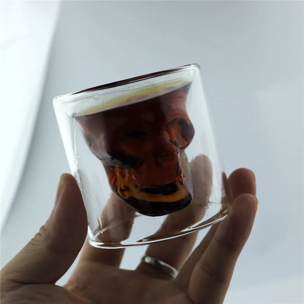 jankng 75mlクリスタルスカルダブルウォールガラスヘッドショットガラスカップウィスキーワインウォッカホーム飲料陶器のギフトカップ