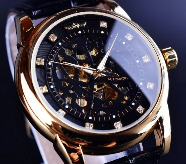 Zwycięzca Diament Szkielet Design Black Golden Szkielet Zegarek Mężczyźni Automatyczny Zegarek Horloge Erkek Saat Mężczyzna Zegar Mężczyźni Orologio Uomo