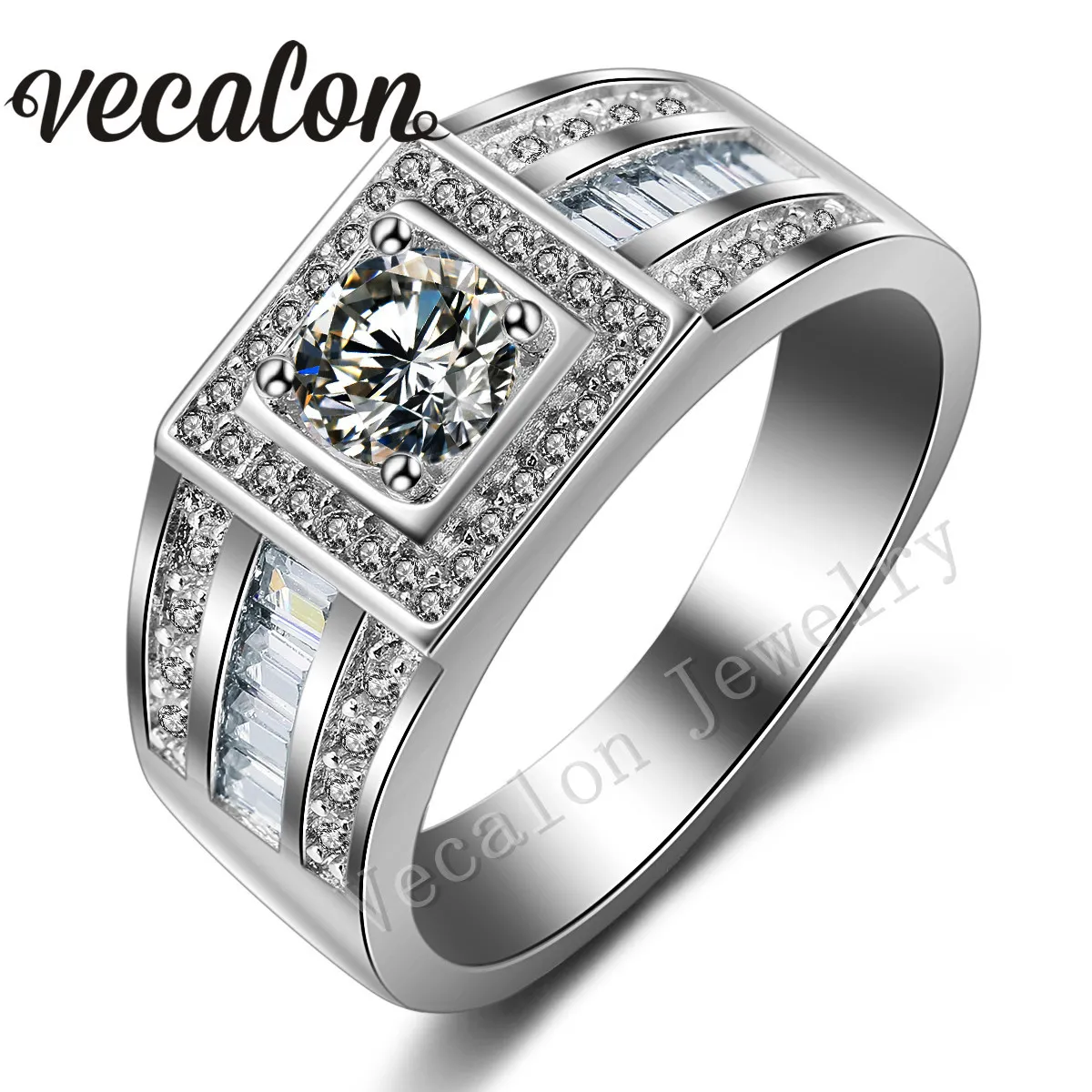 Vecalon 패션 남자 약혼 밴드 솔리테어 1ct CZ 시뮬레이션 다이아몬드 반지 10kt 화이트 골드 가득한 결혼 반지 7-13