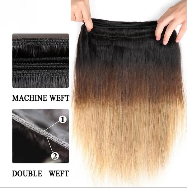1B427 honung blond ombre brasiliansk hår 3buntar med spetsstängning mörka rötter tre ton silkeslen rak ombre hårväv med 7410567