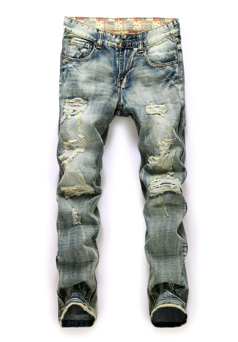 2016 Hot men jeans famous brand new vintage fashion design motorcycle hole torn denim trousers Slim Fit pants size 30-38