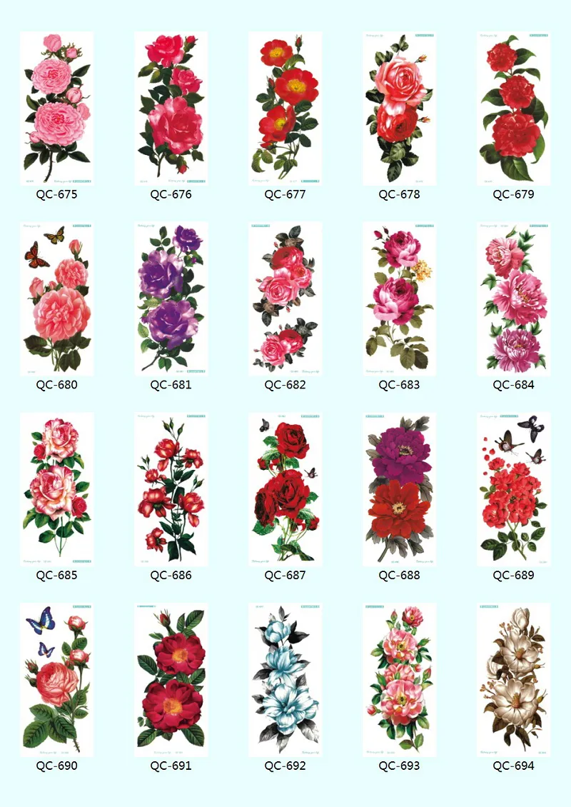 21 * 10cm Tillfällig Fake Tatueringar Vattentät Tatuering Klistermärken Kroppskonstmålning för festdekoration etc Blandad blomma Rose Plum Blossom