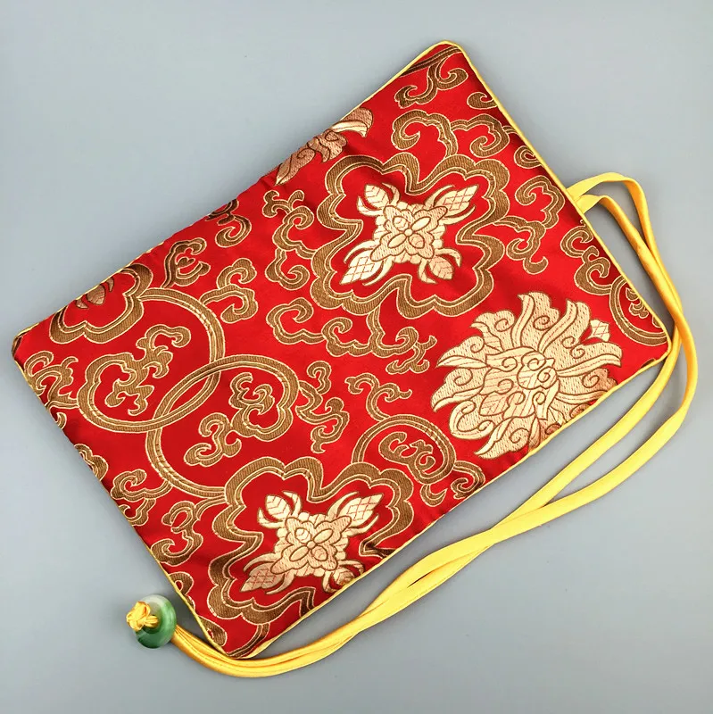 Portable Jade Button Silk brocade Jewelry Travel Roll Bag Chinese Cosmetic Pouch Drawstring Women Makeup Storage Bags 