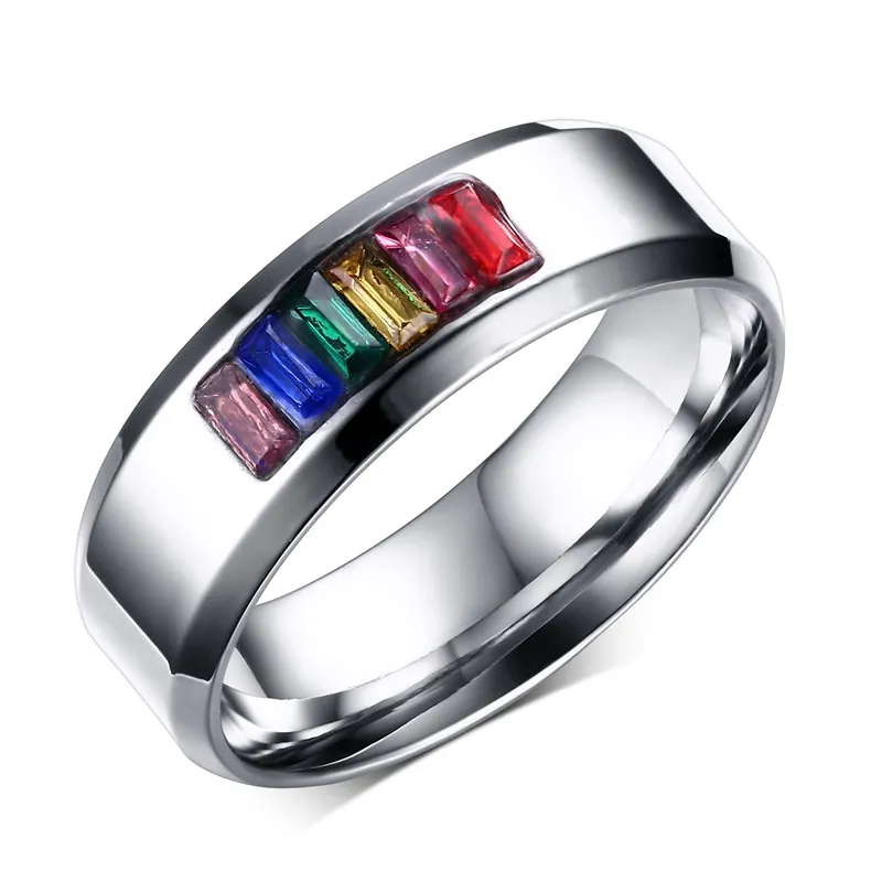 Gravure Laser gratuite 8mm en acier inoxydable mode cristal arc-en-ciel anneaux de mariage bijoux lesbiens gays