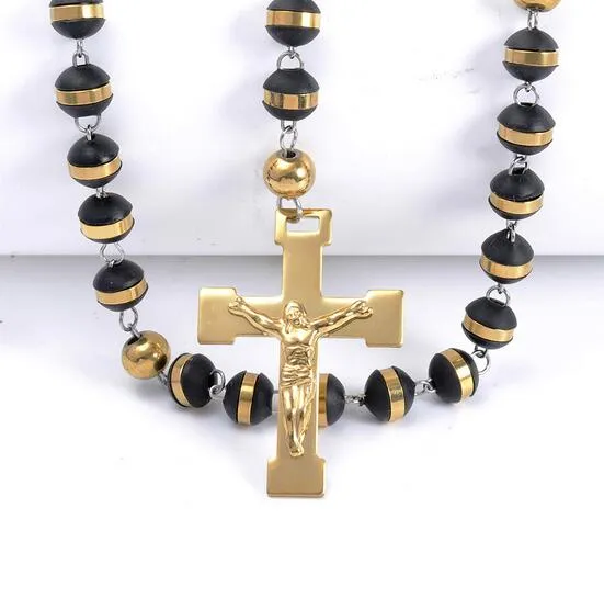 Collana a catena del rosario di nuova moda di alta qualità Collana in acciaio inossidabile 316L con perline religiose in oro crocifisso con ciondolo a forma di croce