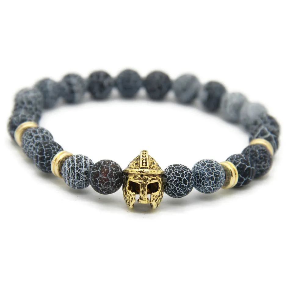 Ny design 8mm Weathering Agate Stone Beads Gold Silver Plated Lion Owl Hjälm Bästa Present Armband