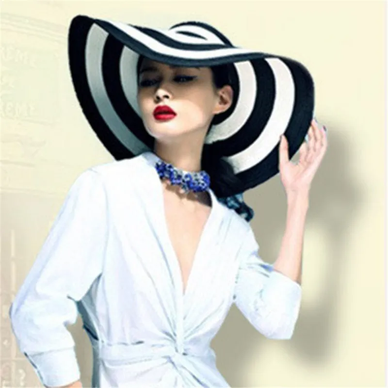 Wholesale-Fashion Summer Black&White Foldable Wide Hat Women Striped Floppy Hat Vacation Beach
