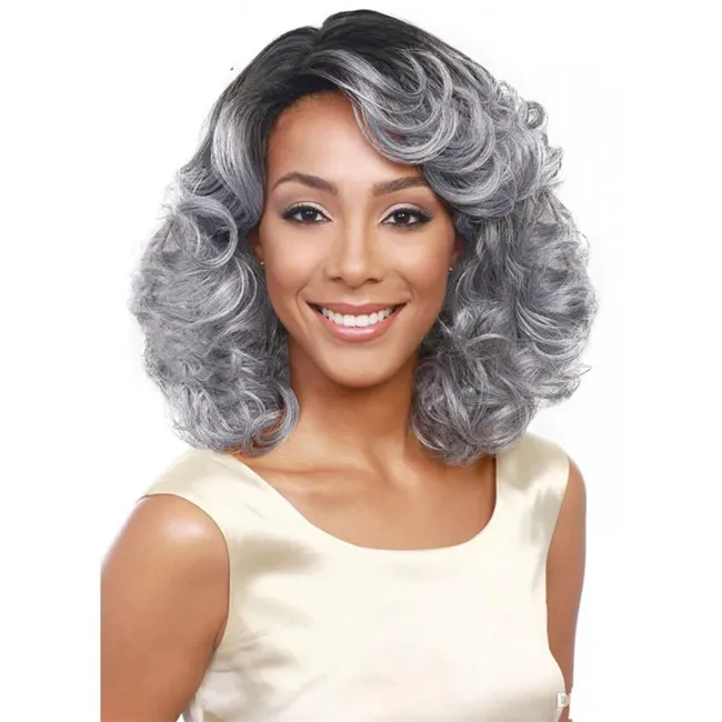 WoodFestival Grandmother grey wig ombre short wavy synthetic hair wigs curly african american women heat resistant fiber black8072589