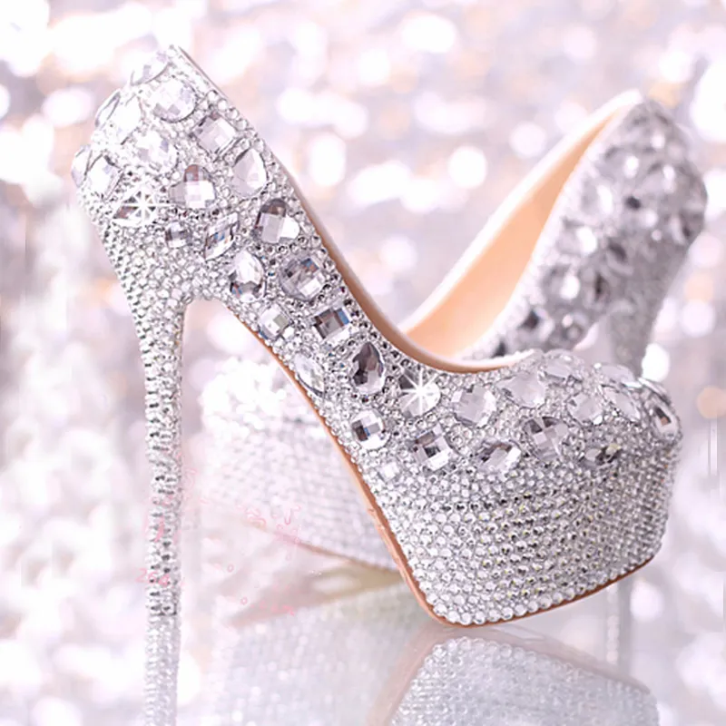 Wedding Shoes Women High Heels Crystal Fashion Bridal Dress Shoes Woman Platforms Silver Rhinestone Party Prom Pumps2956