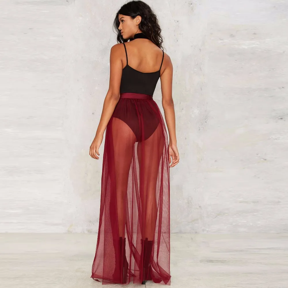 Hot Sexy See Through over Rok Nieuwe Mode Bourgondië Tulle Illusion One Layer Dames Rok Met Lint Sash High Split Floor Lengte Goedkoop