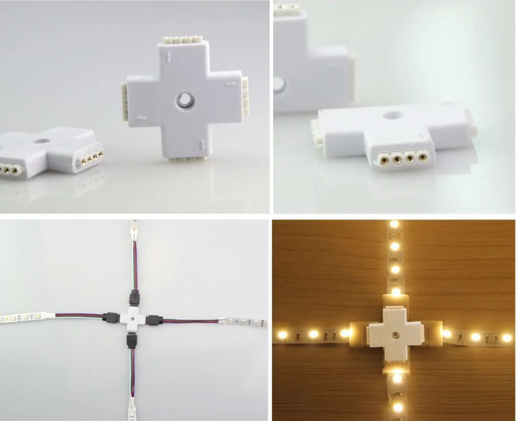 4PIN RGB Connector Cound Tape LED Осветительные аксессуары X-ленты Удлинитель для ленты для 3014 3528 5050 Светодиодный светильник RGB