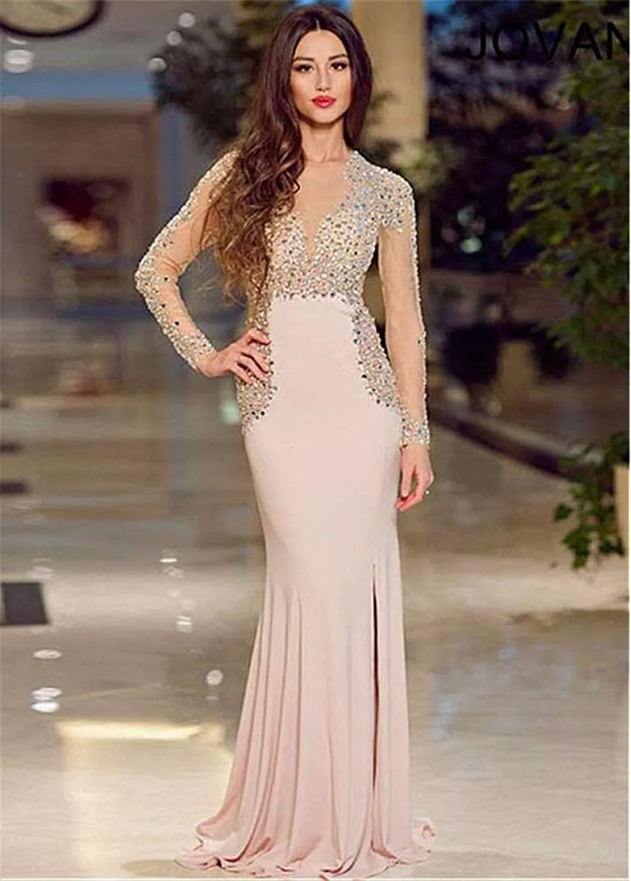 Chiffon Deep V-Neckline Sheath Evening Dresses With Beadings See Through Nude Long Sleeves Crystals Slit Prom Dress vestido de formatura