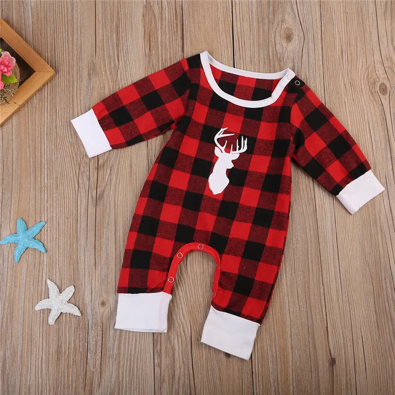 Christmas Baby Clothes Autumn Winter Toddler Infant Baby Boys Girls Long Sleeve Romper Red Plaid Deer Antler Printed Jumpsuit Kids Outfits