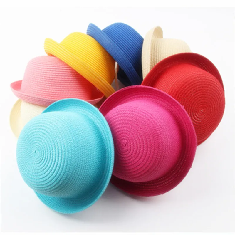 8 colores sólidos verano lindo niños sombrero de paja viajes al aire libre playa sol sombreros para niños niñas niños gorra de cúpula KIDS-10 al por mayor