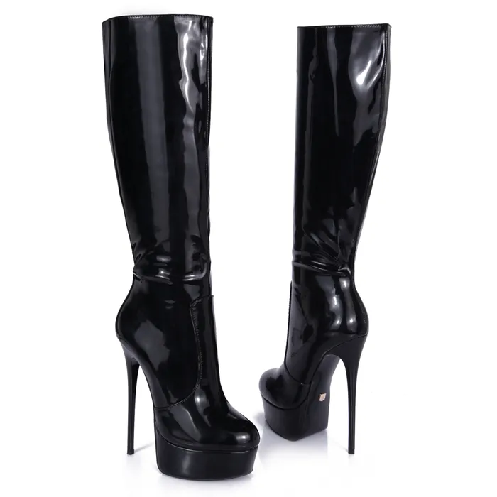 Partihandel sexig trendig svart glänsande patent pu knä stövlar för kvinnor med plattform och 16cm högklack italiensk design handgjorda skor fetisch exotiska poldans gotiska punk