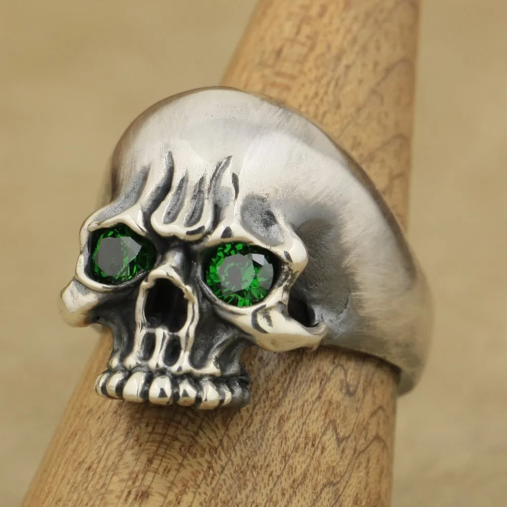 LINSION Handmade 925 Sterling Silver Green CZ Eyes Mens Biker Skull Ring TA62 US Size 7 to 15