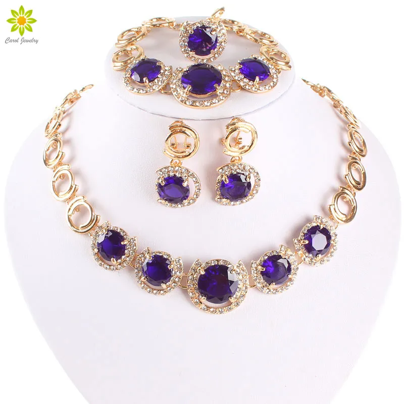 New Design Gold Plated Jewelry Blue Zircon Necklace Bracelet Earrings Ring Jewelry Sets Women Dinner Party Jewelry Set