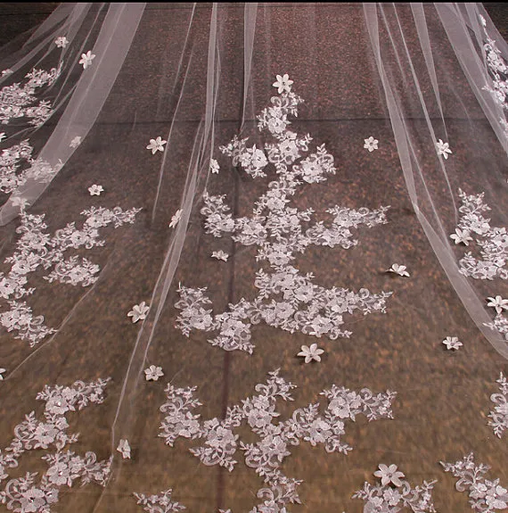 Veli da sposa della cattedrale di lusso Appliques fiori veli da sposa in tulle fatti a mano con veli lunghi le spose da 3 metri 241q