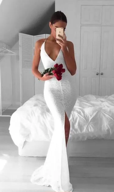 2017 sexy wit full lace backless mermaid jurken avondkleding halter voorzijde split lange formele jurken Custom Made China EN9135