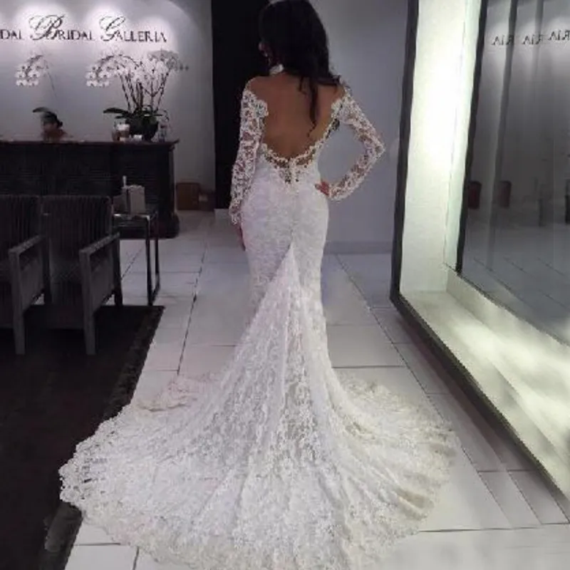 Elegant Fitted Lace Wedding Dresses Sexy Sheer Neckline Off the Shoulder Mermaid Long Sleeves Bridal Gowns Backless Court Train Custom Made