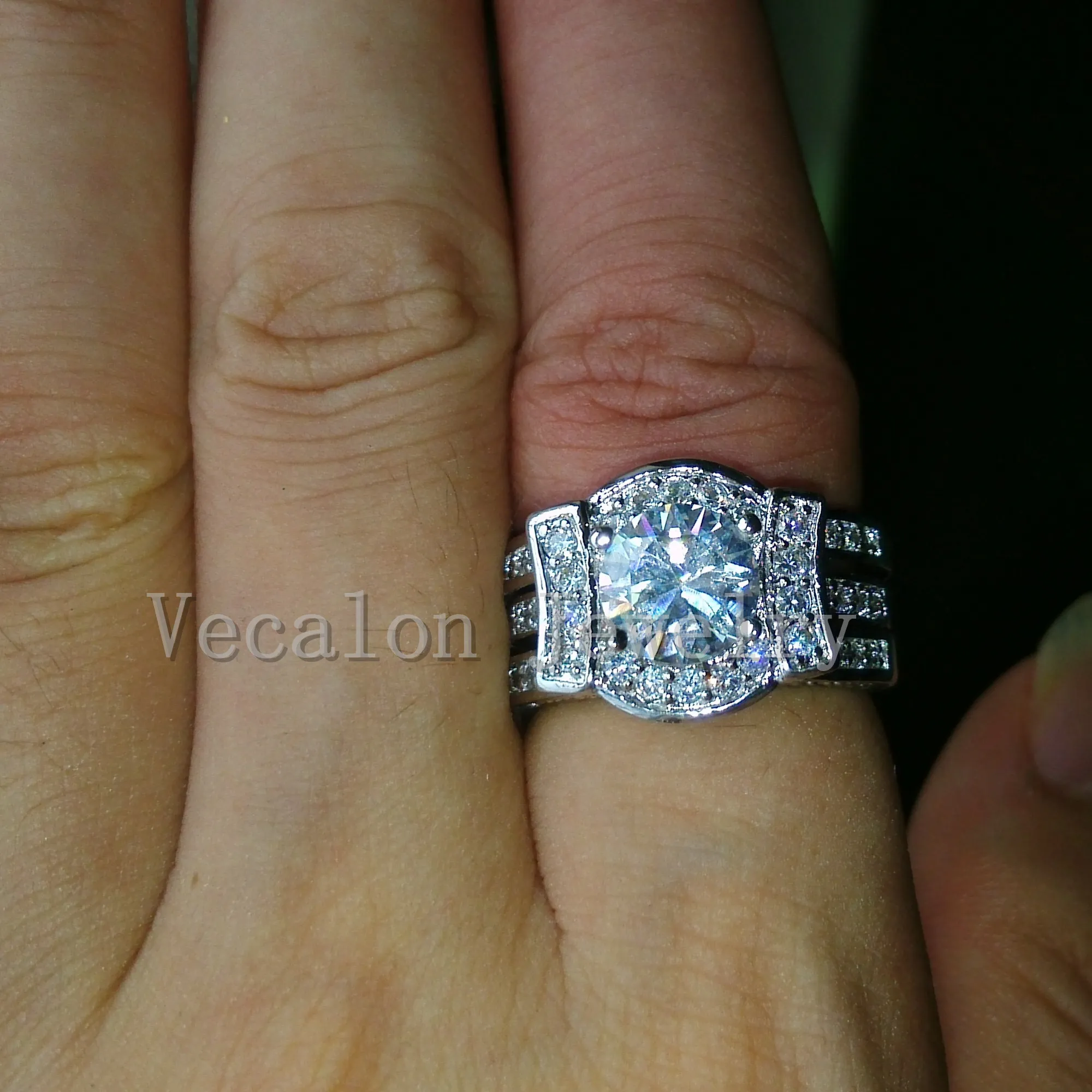 Vecalon ronde coupe 3ct diamant simulé cz 2-en-1 bague de fiançailles de mariage ensemble pour les femmes 14KT or blanc rempli bague de fête
