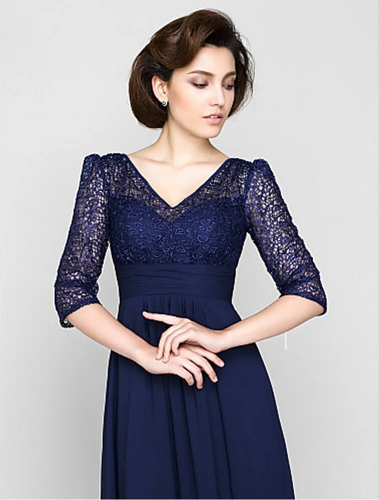 New Dark Navy V-neck A-line Floor-length Half Sleeve Lace and Chiffon Mother of the Bride Dress