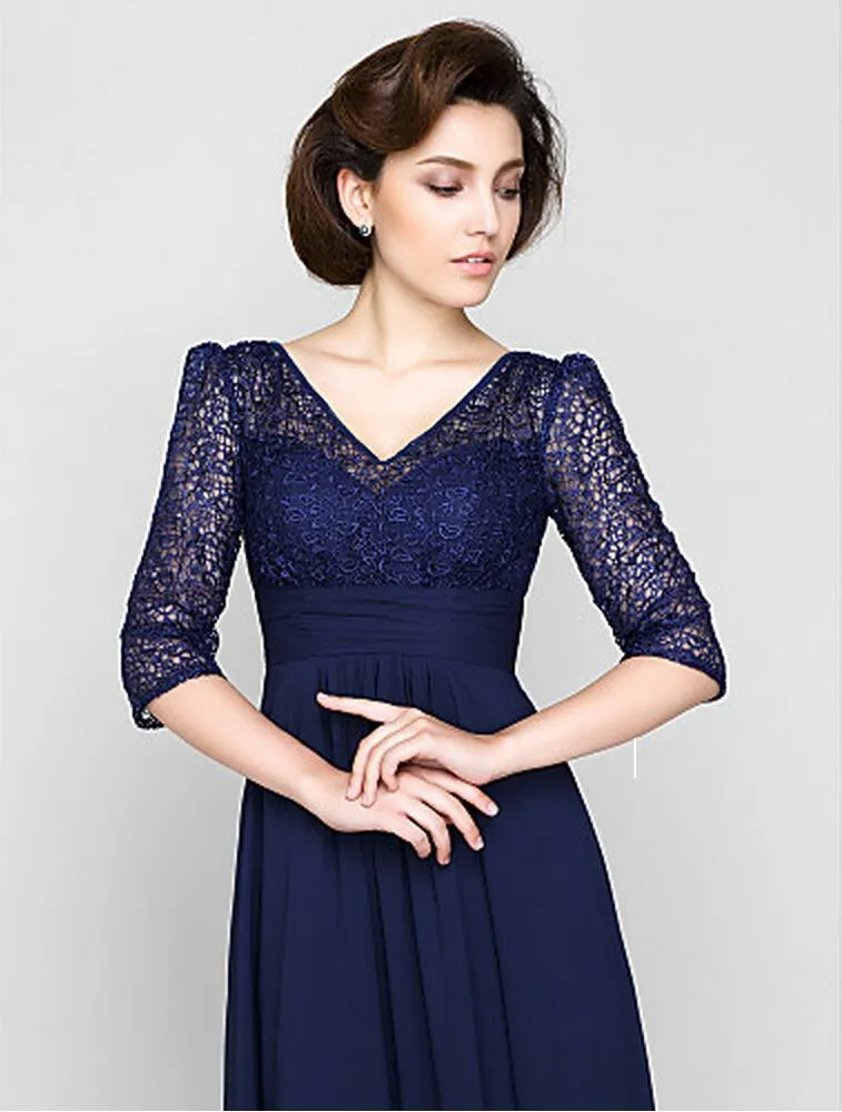 New Dark Navy Vneck Aline Floorlength Half Sleeve Lace and Chiffon Mother of the Bride Dress2427455