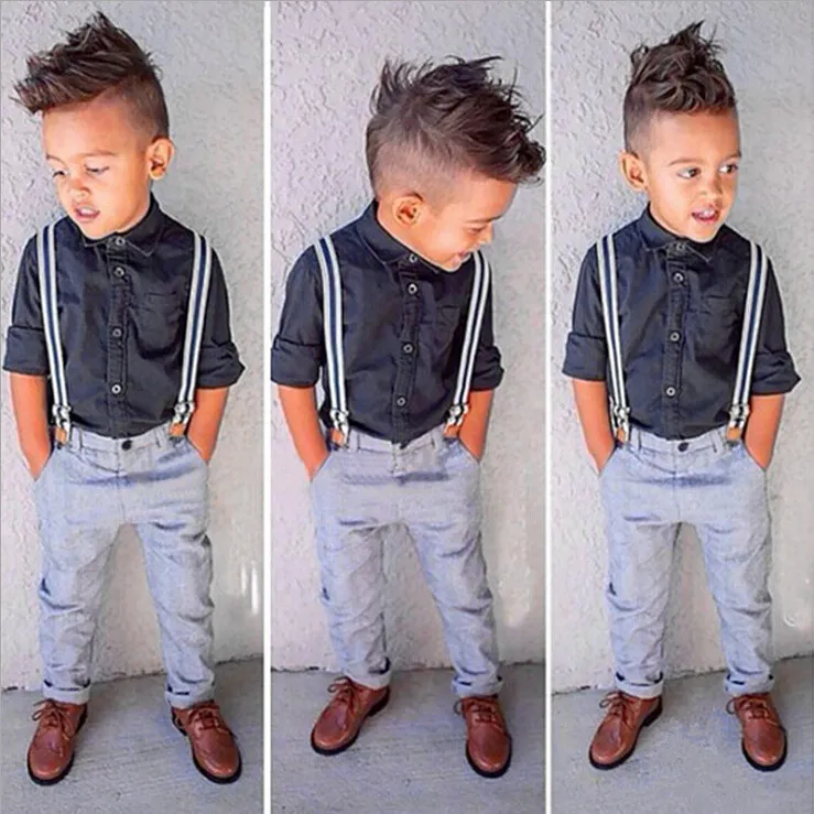 Latest design summer baby boys outfits long sleeve shirt+suspender jeans boy's suit kids formal gentle suit boy denim clothing set