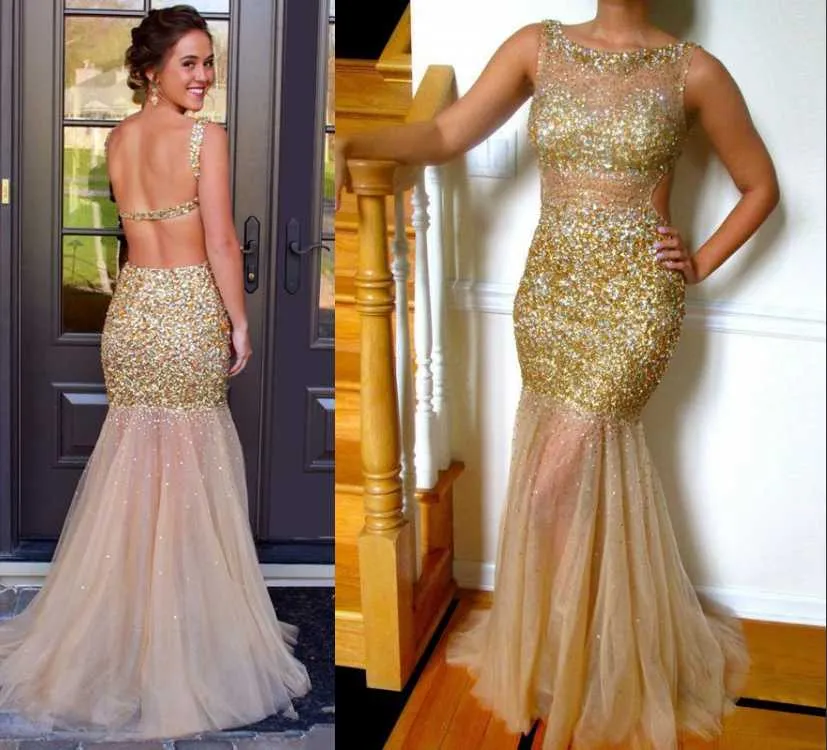Breathtaking Sequined Beaded Mermaid Prom Dresses 2019 Sexy Open back Sheer Jewel Neck Gold Tulle Floor Length Formal Evening Party Gown
