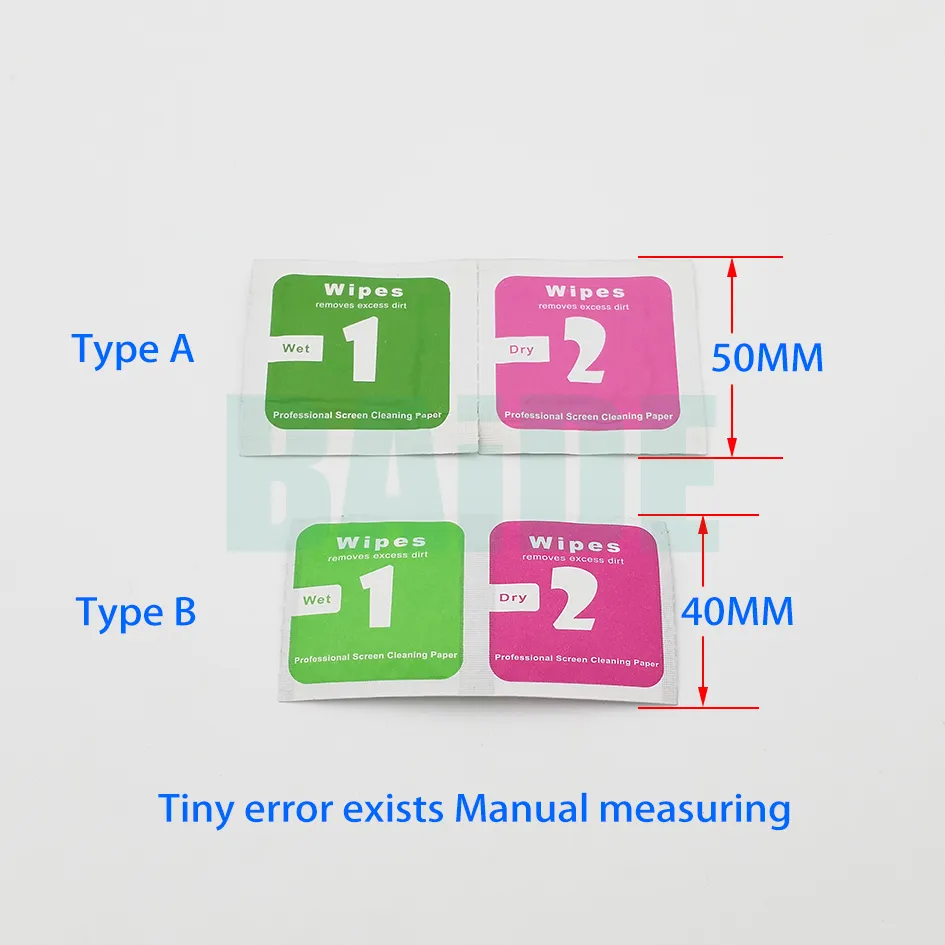 Salviette umide e asciutte per protezioni dello schermo in vetro temperato Accessori Tampone imbevuto di alcol Panno per la pulizia dello schermo mobile Assorbitore di polvere 1000 set / lotto