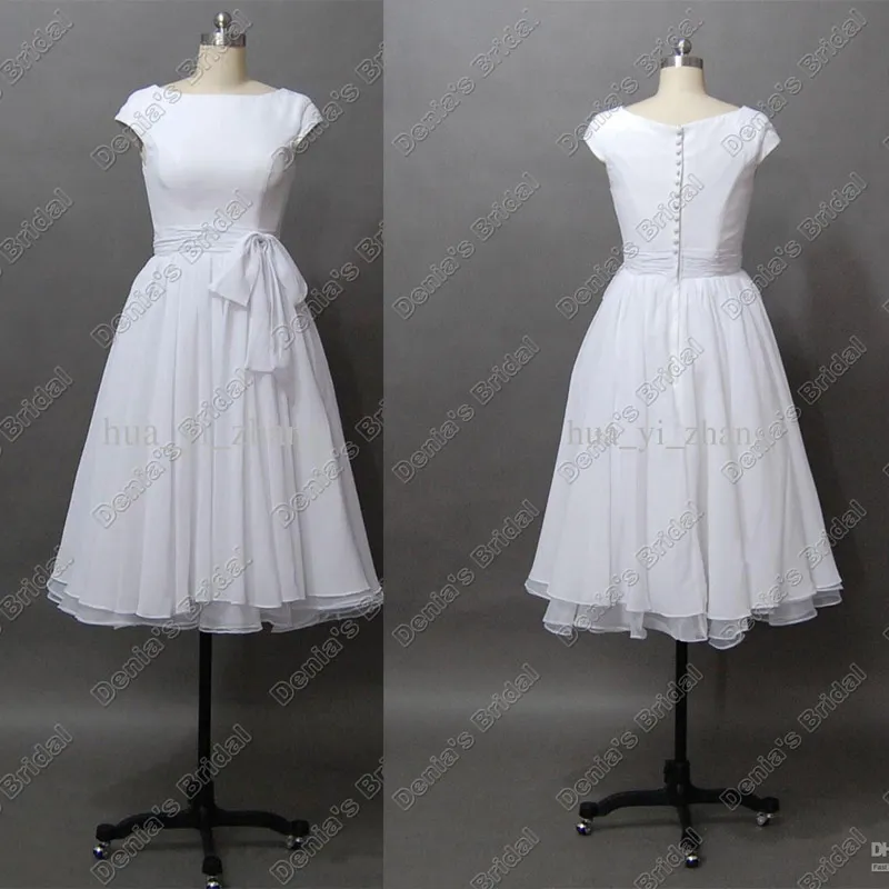 Destination Bröllopsklänningar Vintage 50s 'A Line Tea Längd med Kort Cap Sleeves Bateau Chiffon Real Beach Bridal Dress