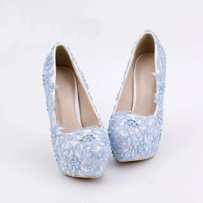 Sapatos de baile de renda azul feitos à mão com strass sapatos de noiva plataforma sapatos formais 5 5 polegadas confortáveis bombas de festa de casamento291w