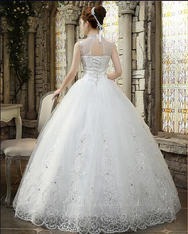 High Neck Ball Gown Wedding Dresses Sheer Beading Crystal Sleeveless ...