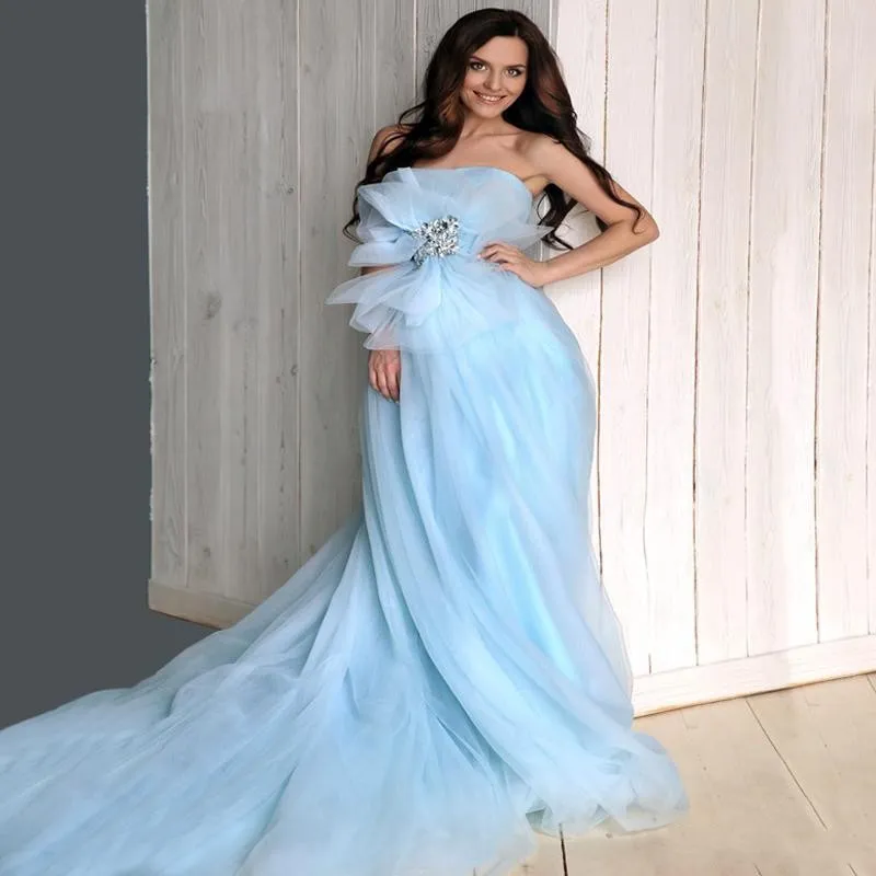 Designer Foto Abendkleider Prinzessin mit Schleife Kristalle Blau Abendkleid 2016 Brautkleid Robe De Mariage Kostenloser Versand