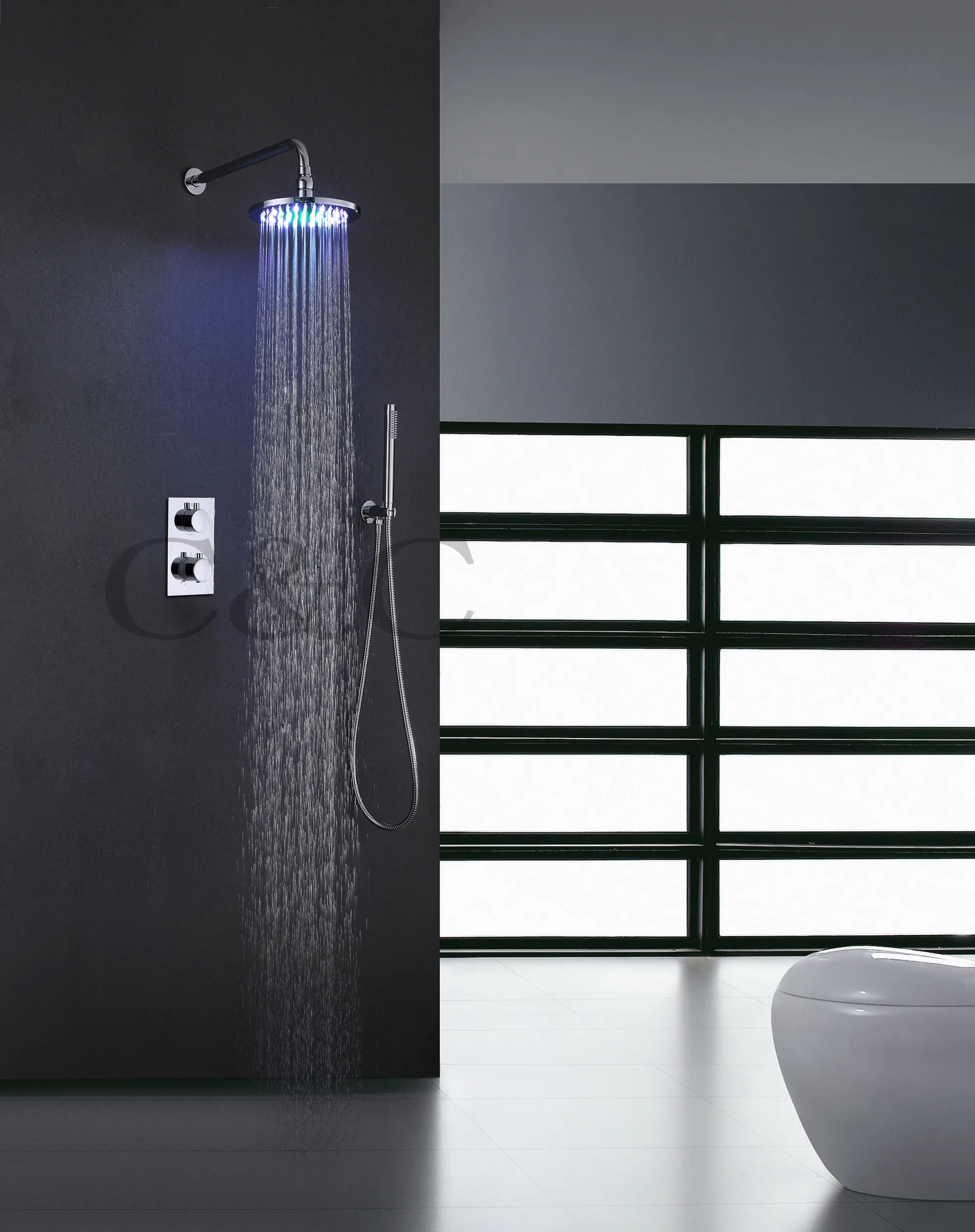 Pommeau de douche rond LED 7 couleurs, produits de salle de bains, en laiton massif chromé, ensemble de douche thermostatique dissimulé, salle de bains 001-8RC-2Y