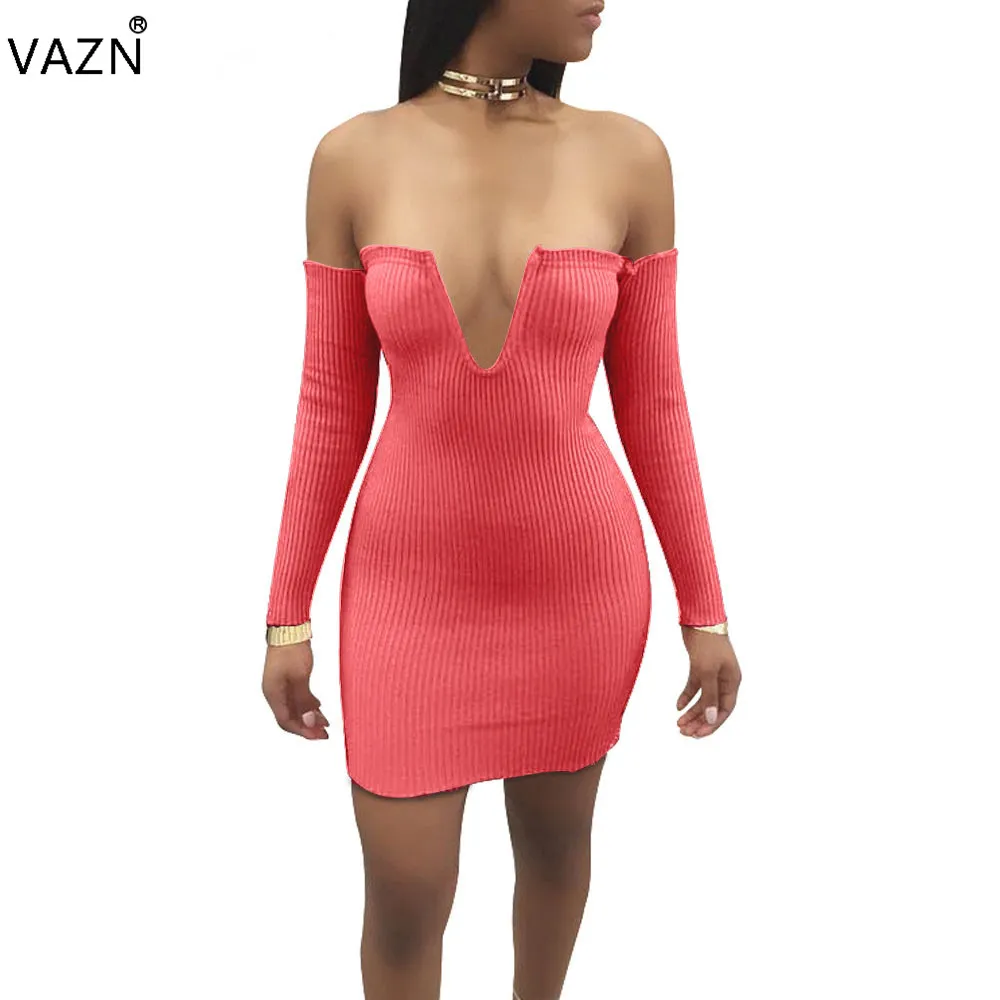 VAZN 2017 뜨거운 판매 이국적인 디자이너 붕대 드레스 어깨 슬리퍼 Bodycon 드레스에서 전체 소매 섹시한 Strapless 미니 클럽 드레스 JZ101 q1118