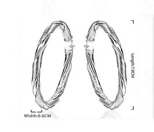 10ペア/ロットジュエリー高品質メッキ925スターリングシルバーイヤーフープイヤリングファッションギフト6mm * 70mm滑らか/砂のねじれハイパーボールビッグイヤー